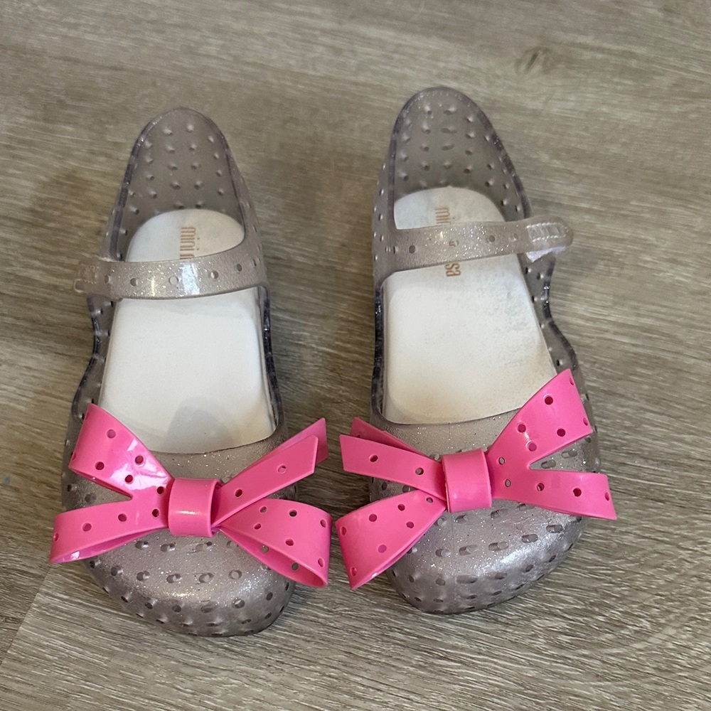 Mini Melissa Clear Silver Glittery Mary Jane Shoes with Pink Bows Size 10